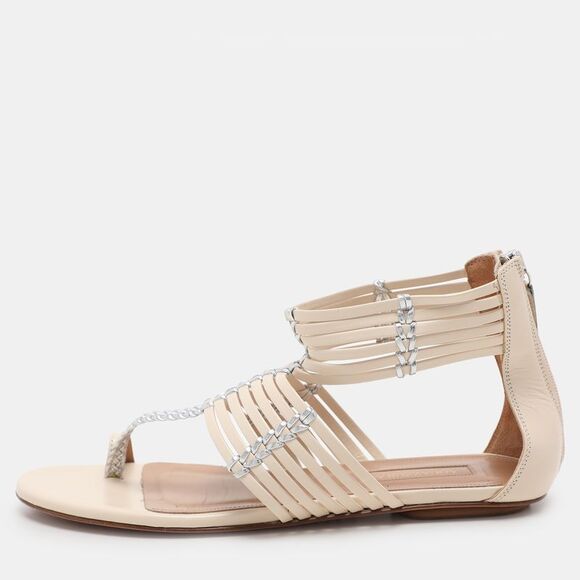 Aquazzura Beige/silver Leather Ravello Gladiator Toe-Ring Flat Sandals Size 36.5,All Products : American Fashion Style Bags On Sale